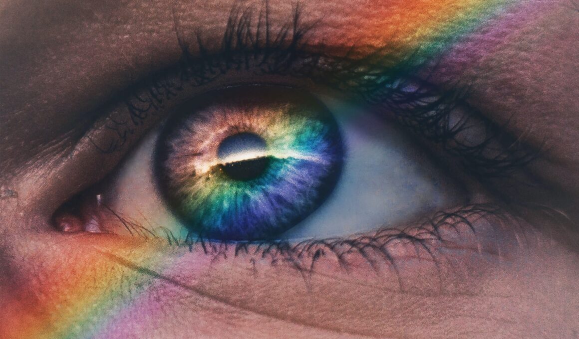 close up photography of rainbow rays on eye